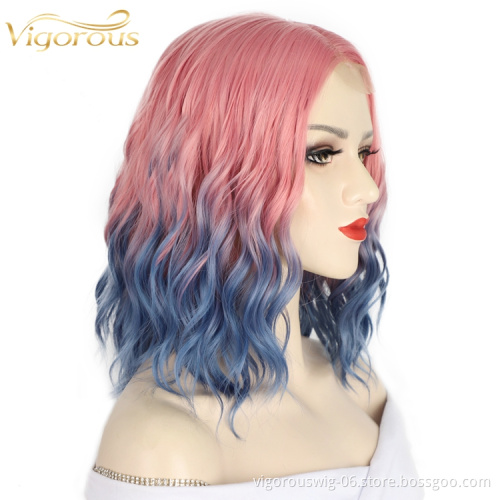 Vigorous High Quality Heat Resistant Ombre Pink To Blue Curly High Fiber Lace Front Cheap Women Wig Synthetic Hair
